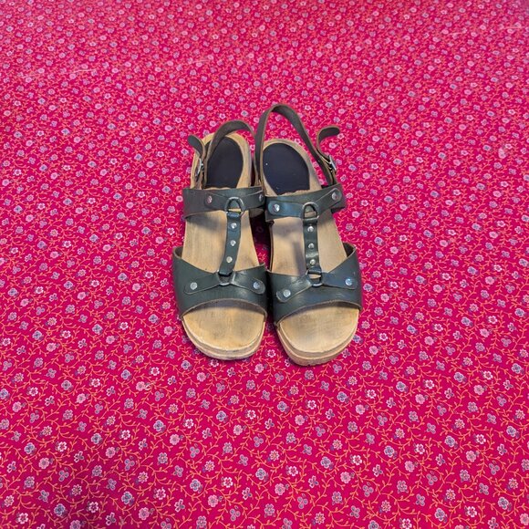 Swedish Hasbeens Wooden Platform Studded Sandal Scandi Girl Strappy Clog Boho - Picture 3 of 12